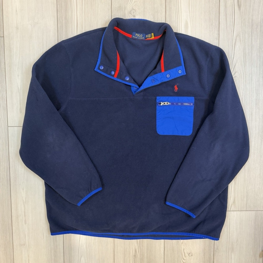 Polo Ralph Lauren Men's XXL‎ Fleece Mock Neck Snap Pullover Navy Blue Pocket